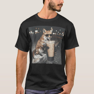 Fox Drinking Iced Coffee Funny Animal T-Shirt