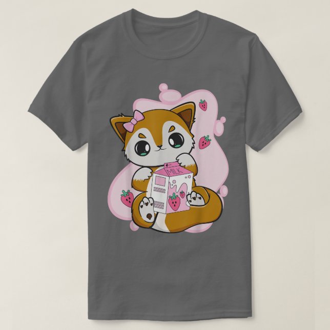 Fox Drinks Strawberry Milk Bubble Tea For Boba Lov T-Shirt (Design Front)