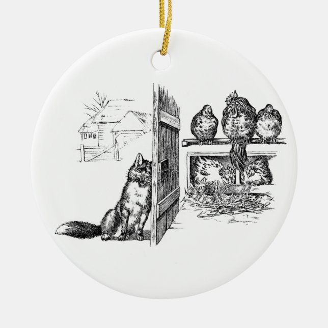 Fox Eavesdropping on Chickens Ceramic Tree Decoration (Front)
