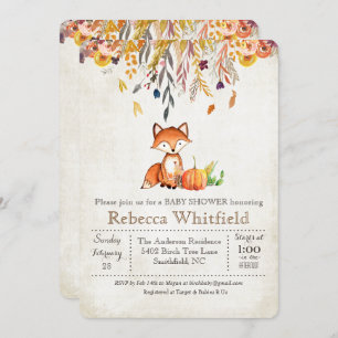 Fox Fall Leaves Pumpkin Baby Shower Invitation
