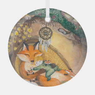 Fox Family Afternoon Nap, Watercolor Meadow. Glass Tree Decoration