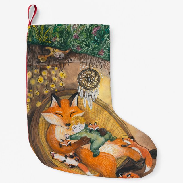 Fox Family Afternoon Nap, Watercolor Meadow. Small Christmas Stocking (Front)