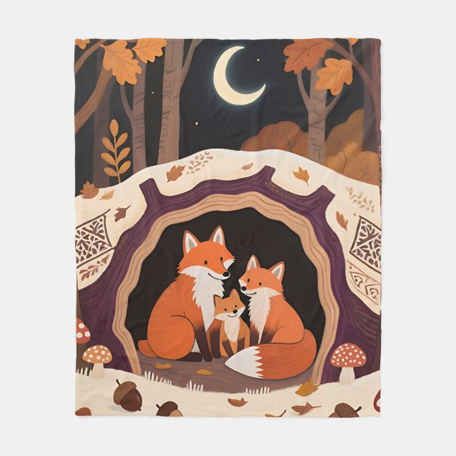 Fox Family Autumn Forest Den Fleece Blanket (Front)