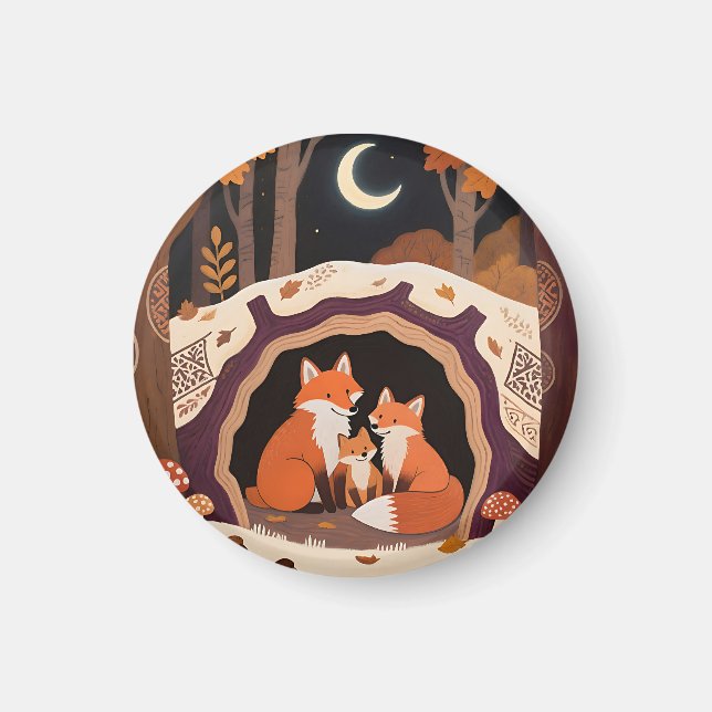Fox Family Autumn Forest Den Magnet (Front)