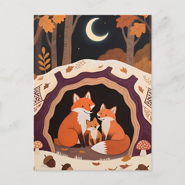 Fox Family Autumn Forest Den Postcard (Front)