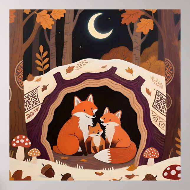 Fox Family Autumn Forest Den Poster (Front)
