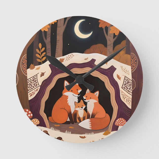 Fox Family Autumn Forest Den Round Clock (Front)