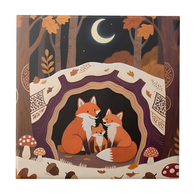 Fox Family Autumn Forest Den Tile (Front)