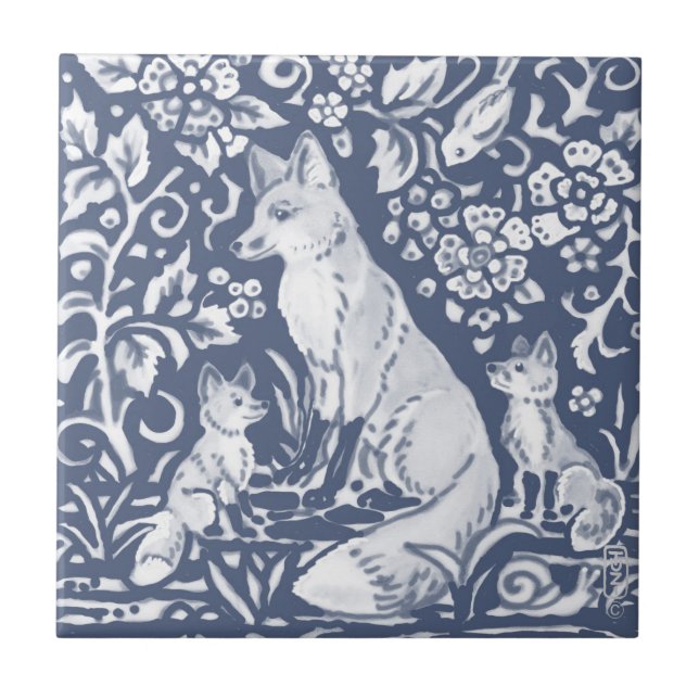 Fox Family Blue White Woodland Forest Denim Tile (Front)