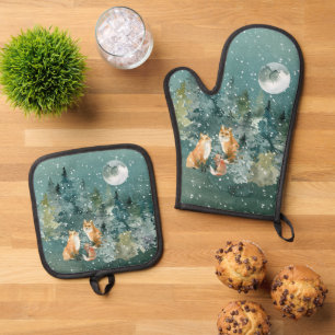 Fox Family Forest Full Moon Snowfall Christmas Oven Mitt & Pot Holder Set