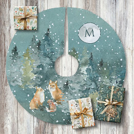 Fox Family Forest Full Moon Snowfall Monogram Brushed Polyester Tree Skirt