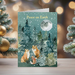 Fox Family Forest Full Moon Snowfall Watercolor Foil Greeting Card