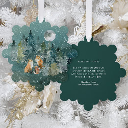 Fox Family in Forest Full Moon Snowfall Christmas Tree Decoration Card