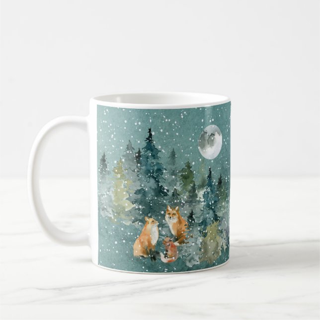 Fox Family in Forest Full Moon Snowfall Coffee Mug (Left)