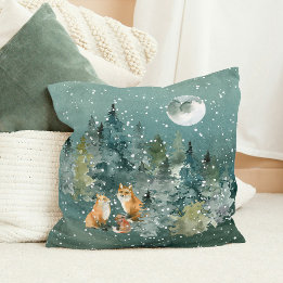 Fox Family in Forest Full Moon Snowfall Cushion