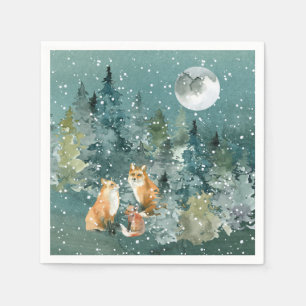 Fox Family in Forest Full Moon Snowfall Holiday Napkin