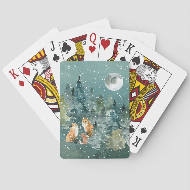 Fox Family in Forest Full Moon Snowfall Playing Cards (Back)