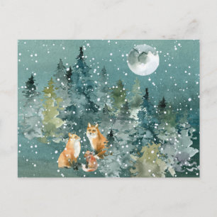 Fox Family in Forest Full Moon Snowfall Postcard