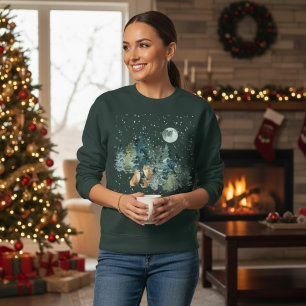 Fox Family in Forest Full Moon Snowfall Sweatshirt