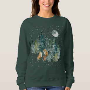 Fox Family in Forest Full Moon Snowfall Sweatshirt