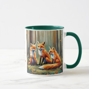Fox family in the forest. Editable name Mug