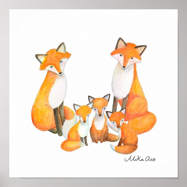 Fox Family Nursery Décor Cute Foxe mom dad kids Poster (Front)