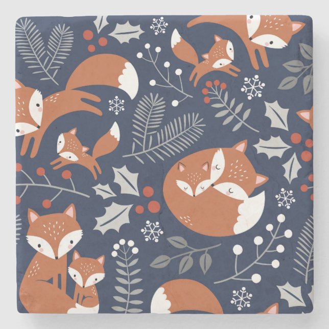 Fox family: vintage seamless pattern. stone coaster (Front)