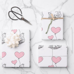 Fox Family With Pink Heart Balloons Wrapping Paper Sheet