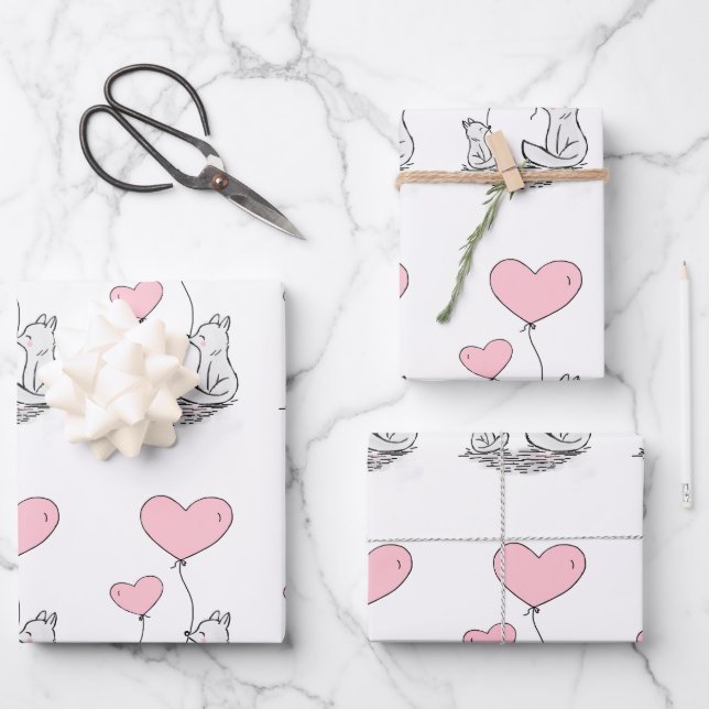 Fox Family With Pink Heart Balloons Wrapping Paper Sheet (Front)