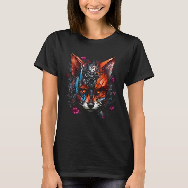 Fox Fantasy  Animal Flowers Robot Fox T-Shirt (Front)
