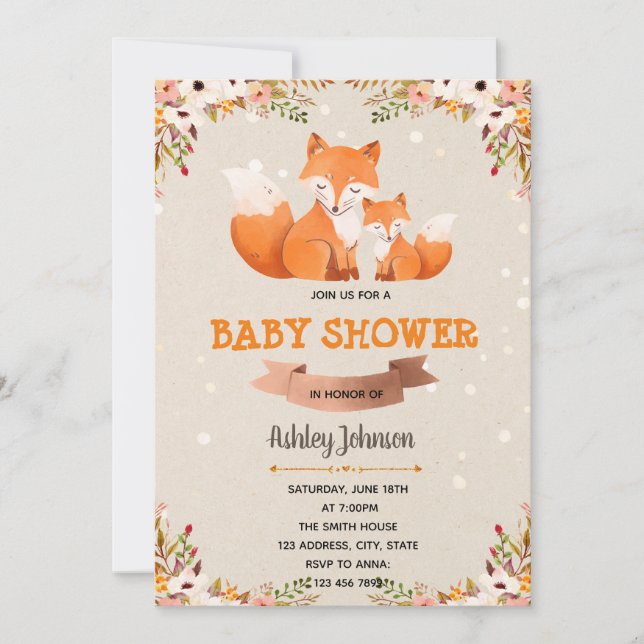 Fox floral baby shower invitation (Front)