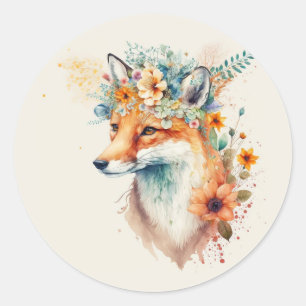 Fox Flower Crown Watercolor         Classic Round Sticker