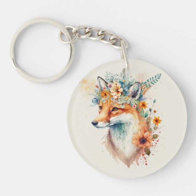 Fox Flower Crown Watercolor                        Key Ring (Front)