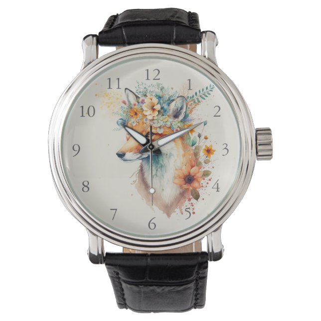 Fox Flower Crown Watercolor                        Watch (Front)