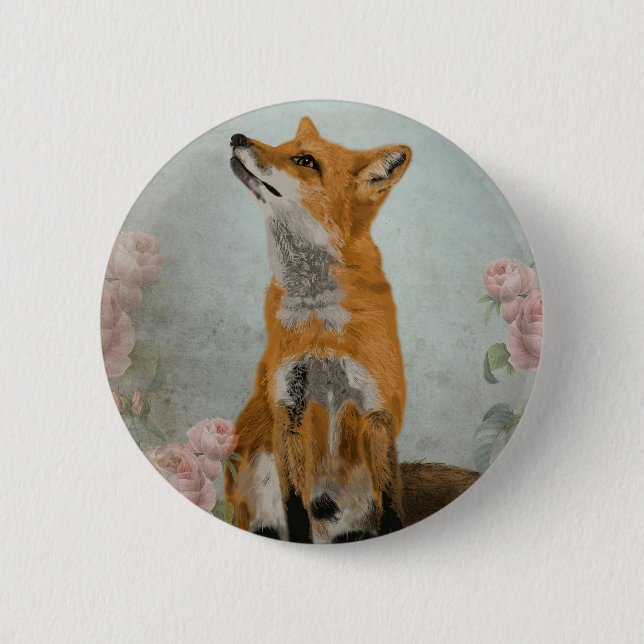 fox, flowers, 6 cm round badge (Front)