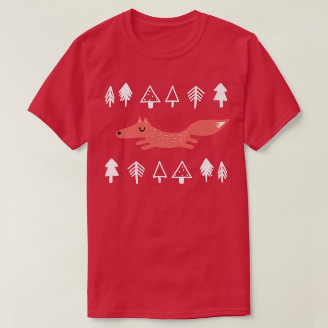 Fox Forest Animal Tree Pine Pattern Doodle Nordic  T-Shirt (Design Front)