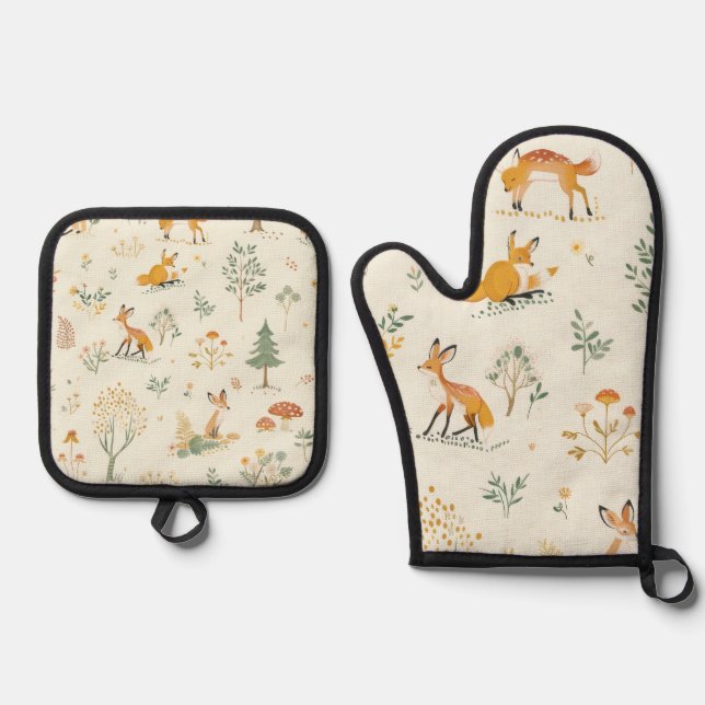 "Fox Forest Kitchen Set" Oven Mitt & Pot Holder Set (Front)