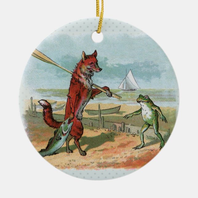 Fox Frog Fishing Antique Illustration Ceramic Tree Decoration (Front)
