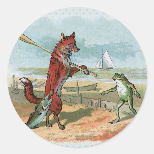 Fox Frog Fishing Antique Illustration Classic Round Sticker (Front)