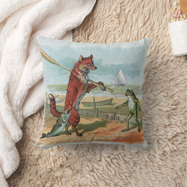 Fox Frog Fishing Antique Illustration Cushion (Blanket)