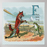Fox Frog Fishing Antique Illustration
