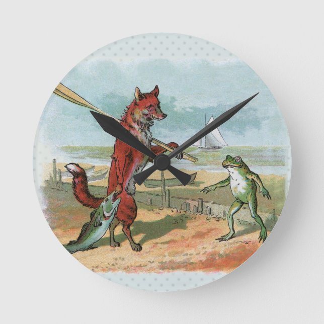 Fox Frog Fishing Antique Illustration Round Clock (Front)