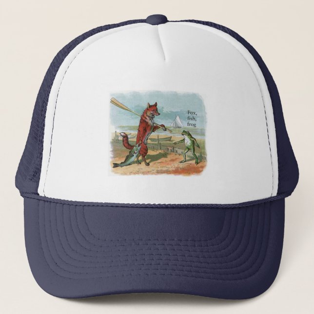 Fox Frog Fishing Antique Illustration Trucker Hat (Front)