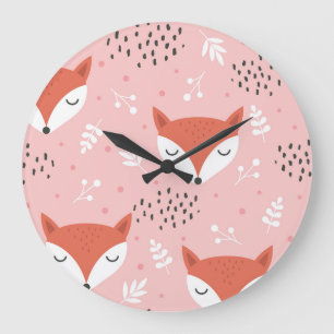 Fox Fun: Cute Forest Pattern Large Clock