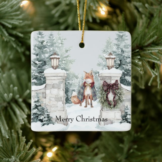 Fox Green Coat Snow Christmas Ceramic Ornament (Tree)