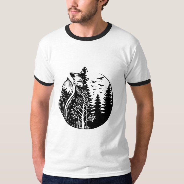 fox half realistic and half forest T-Shirt (Front)