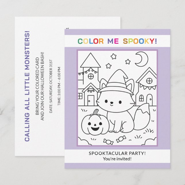 Fox Halloween Colouring Invitation Kids Activity Postcard (Front/Back)