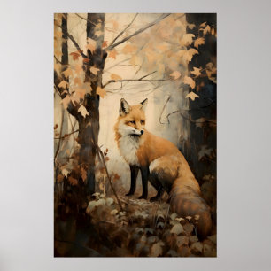 Fox in Fall Forest Print, Cottagecore Animal Art Poster