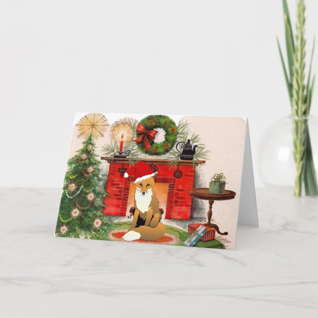 Fox in front of fireplace Christmas Card (Front)