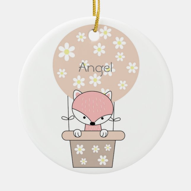 Fox in Hot Air Balloon with Flowers Personalised Ceramic Tree Decoration (Front)